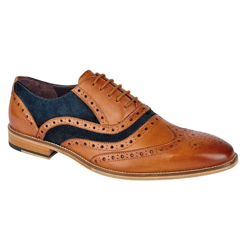Roamers Mens 5 Eyelet Leather Brogue Oxfords / Tan/Blue